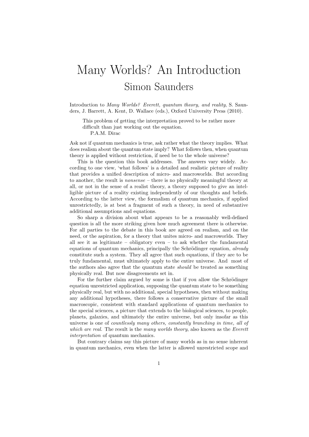 Many Worlds? an Introduction Simon Saunders