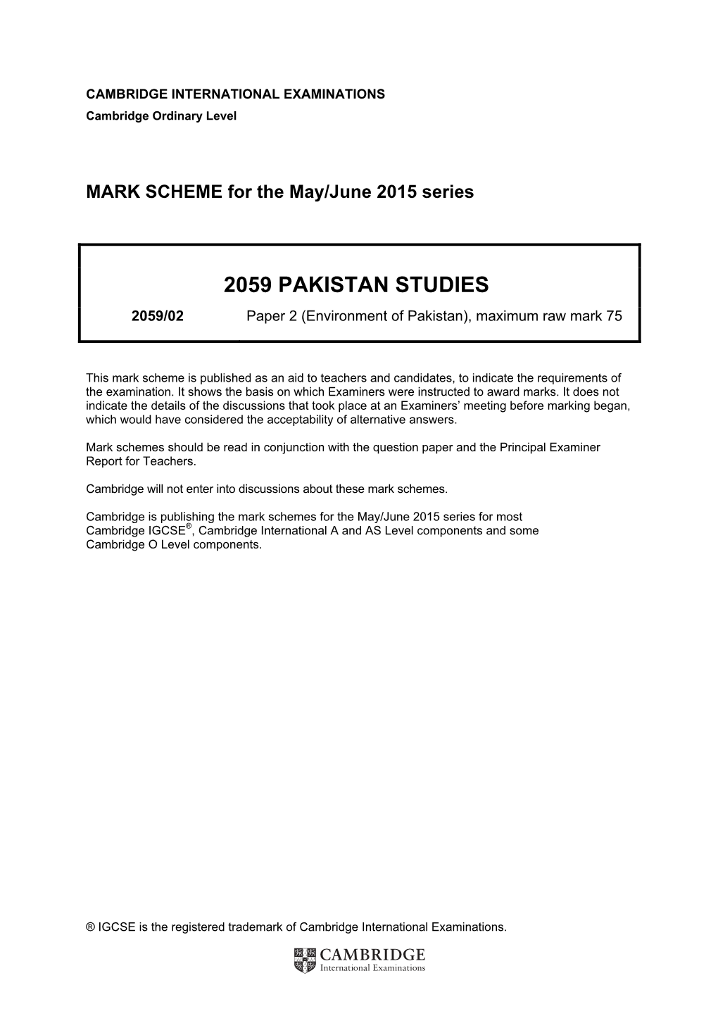 2059 PAKISTAN STUDIES 2059/02 Paper 2 (Environment of Pakistan), Maximum Raw Mark 75