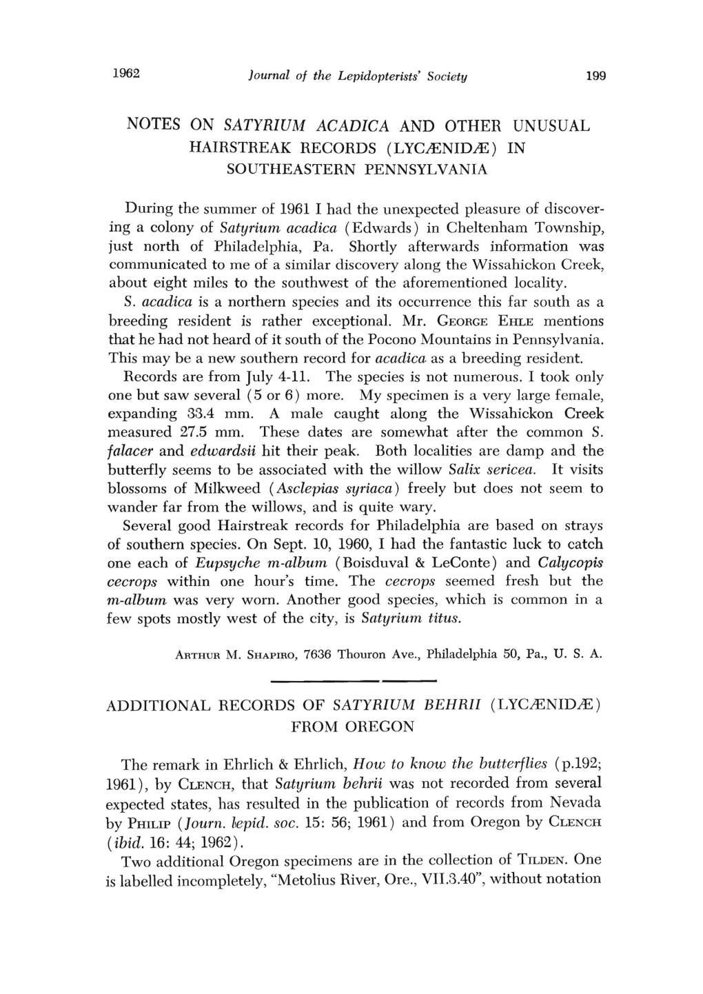 Notes on Satyrium Acadica and Other Unusual Hairstreak Records (Lycjenidje) in Southeastern Pennsylvania