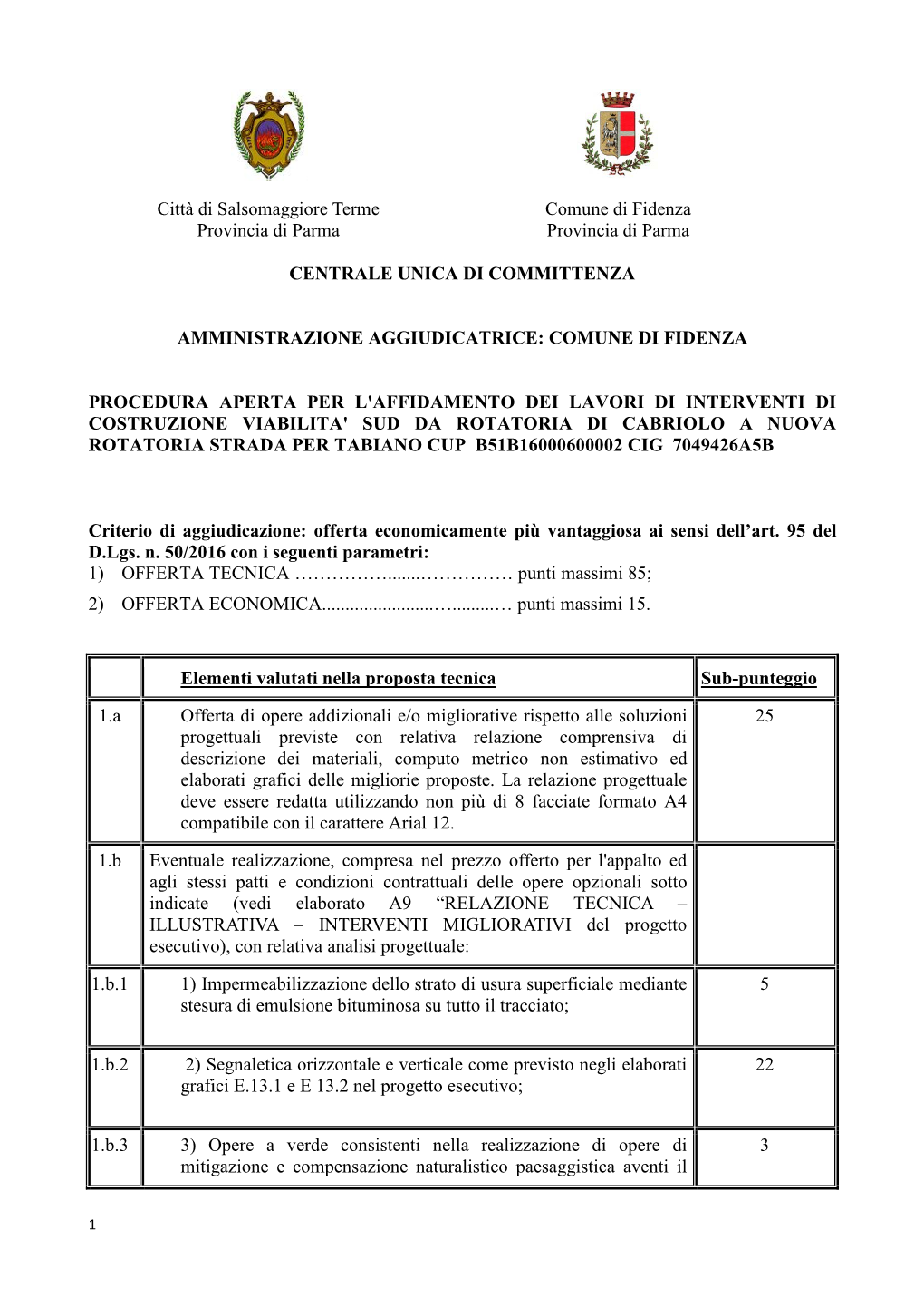 Città Di Salsomaggiore Terme Provincia Di Parma Comune Di Fidenza Provincia Di Parma CENTRALE UNICA DI COMMITTENZA AMMINISTRAZI