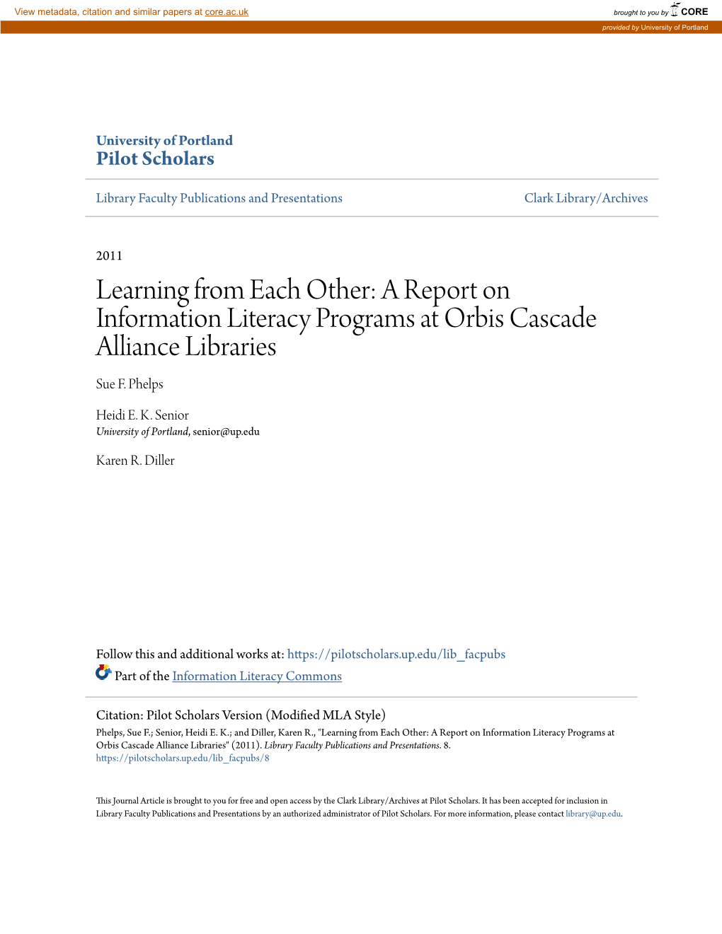 A Report on Information Literacy Programs at Orbis Cascade Alliance Libraries Sue F