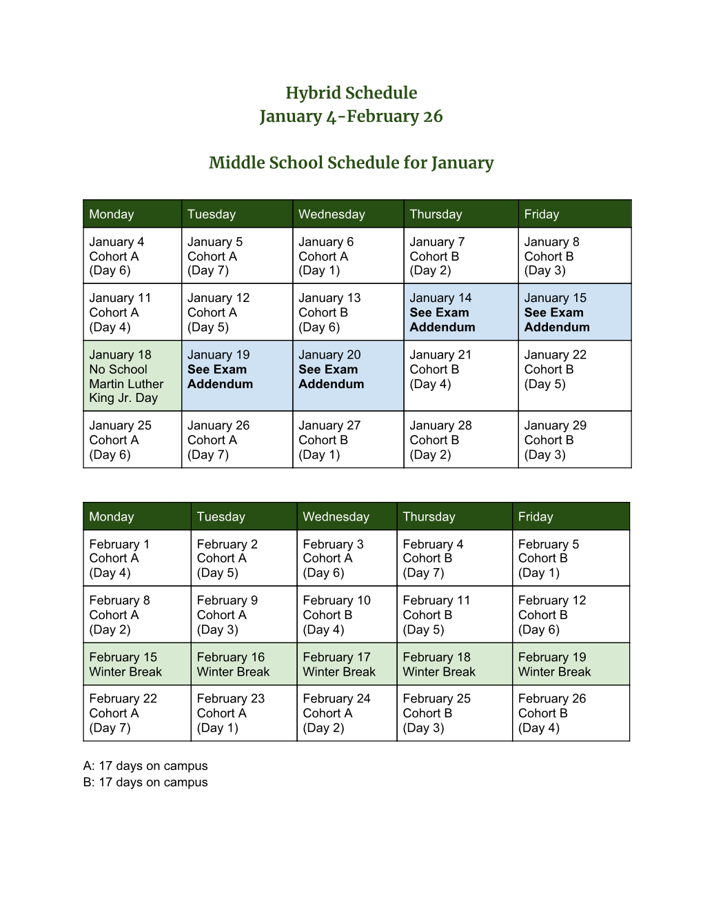 Hybrid Schedule January 4-February 26 Middle School