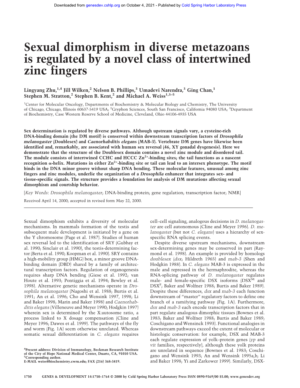 Sexual Dimorphism in Diverse Metazoans Is Regulated by a Novel Class of Intertwined Zinc Fingers