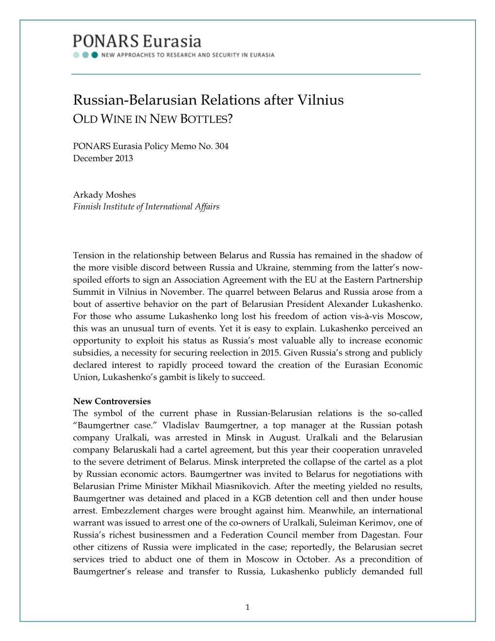 Russian-Belarusian Relations After Vilnius OLD WINE in NEW BOTTLES?