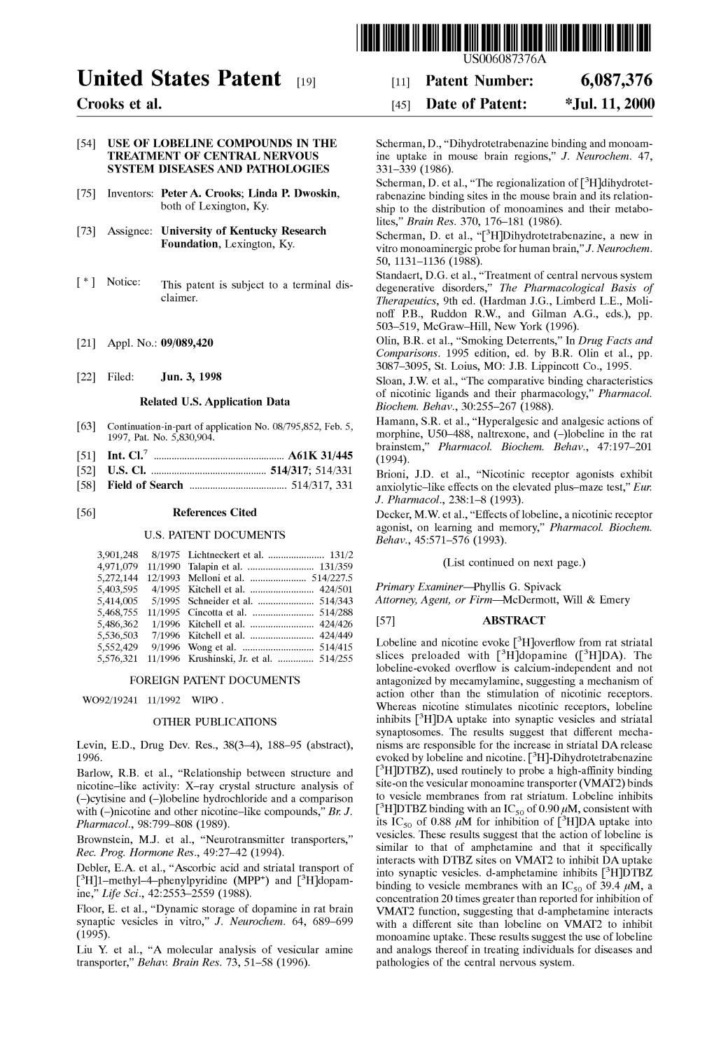 United States Patent (19) 11 Patent Number: 6,087,376 Crooks Et Al