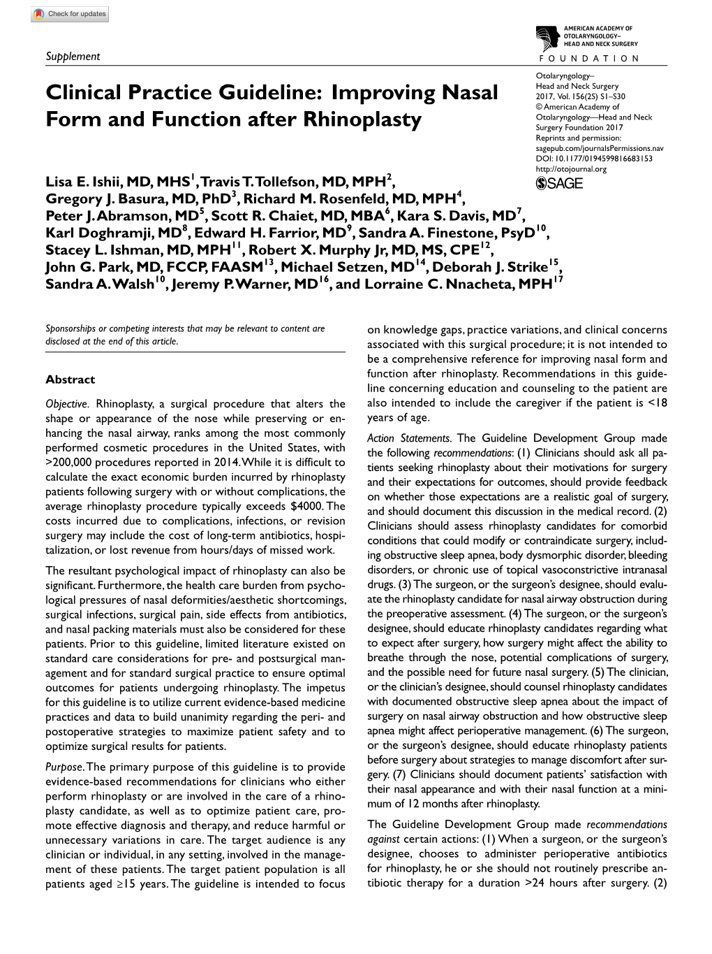 Clinical Practice Guideline: Improving Nasal Form and Function After