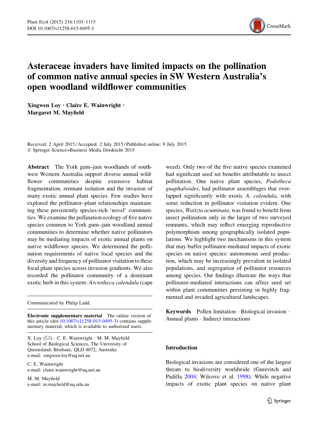 Asteraceae Invaders Have Limited Impacts on the Pollination of Common Native Annual Species in SW Western Australia’S Open Woodland Wildﬂower Communities