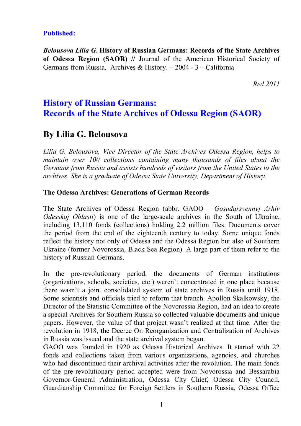 History of Russian Germans: Records of the State Archives of Odessa Region (SAOR) // Journal of the American Historical Society of Germans from Russia