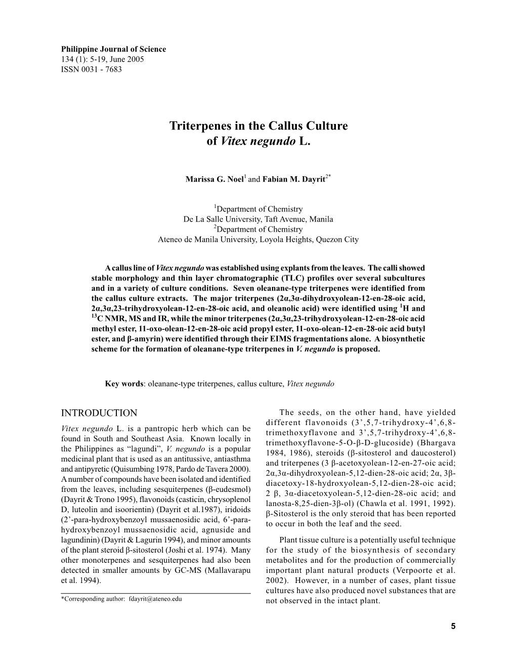 Triterpenes in the Callus Culture of Vitex Negundo L