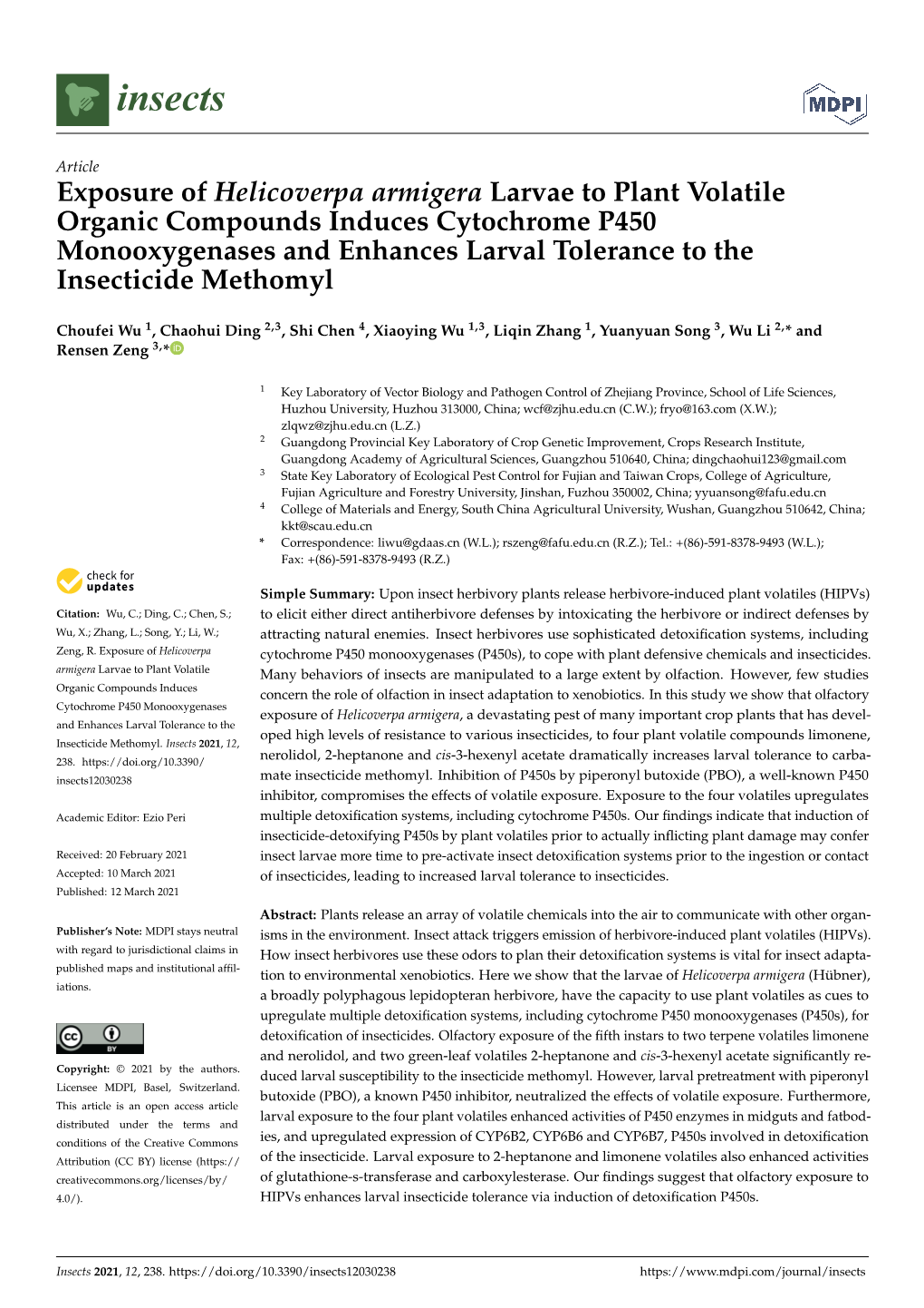 Exposure of Helicoverpa Armigera Larvae to Plant Volatile Organic