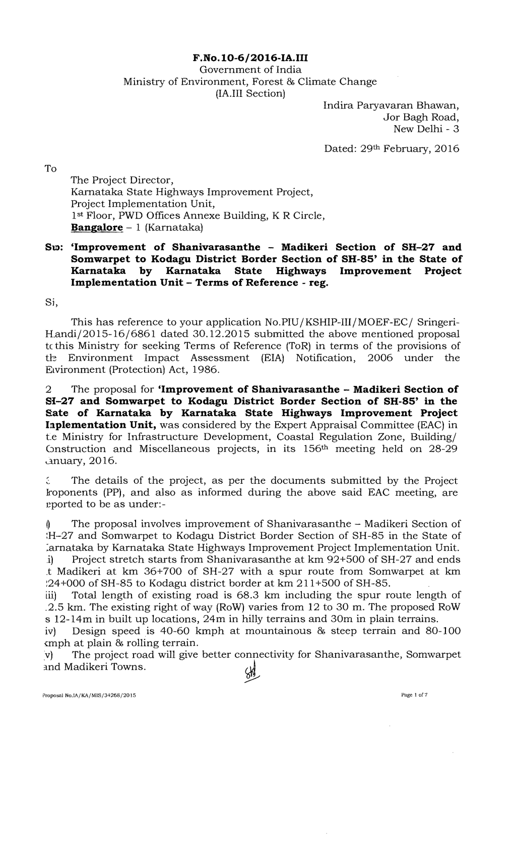 F.No.Lo-6/2016-IA.III Sm: 'Improvement of Shanivarasanthe