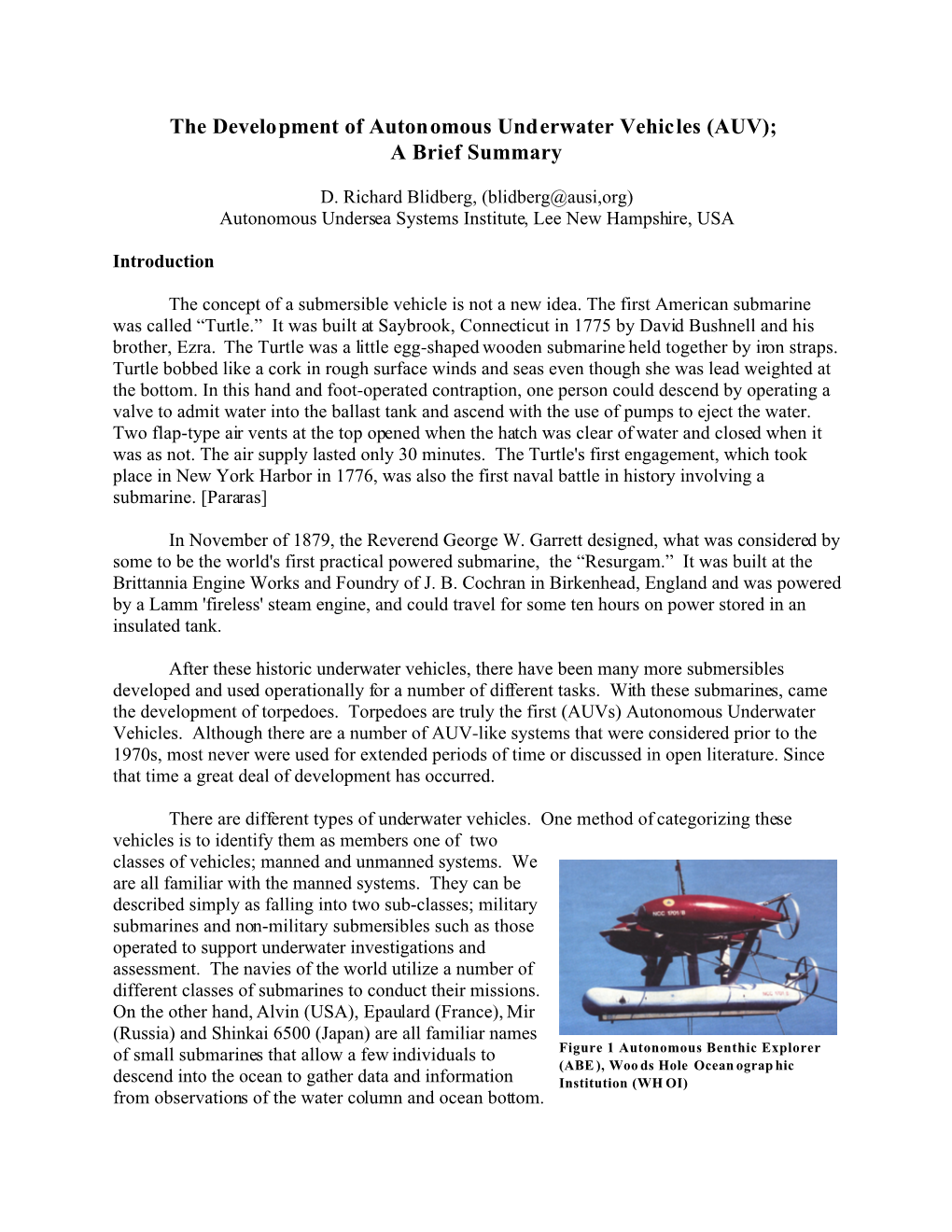 The Development of Autonomous Underwater Vehicles (AUV); a Brief Summary