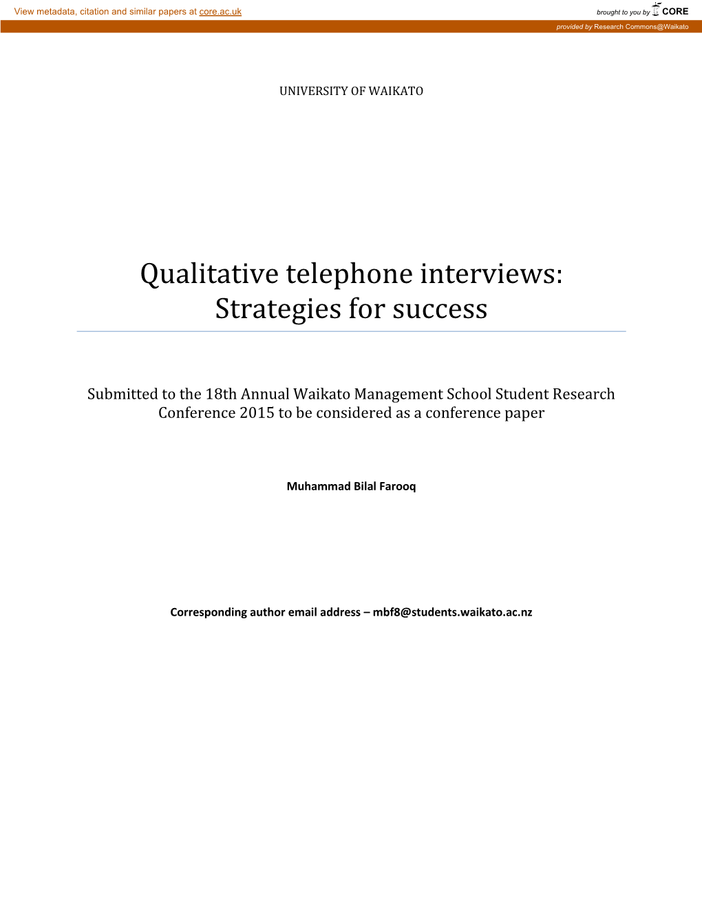 Qualitative Telephone Interviews: Strategies for Success