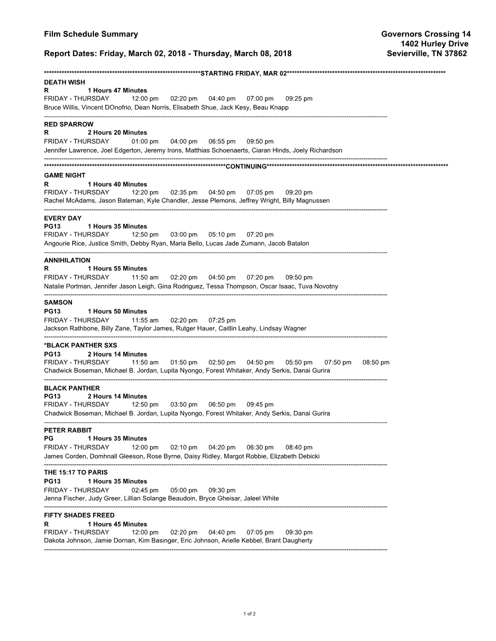 Film Schedule Summary Governors Crossing 14 1402 Hurley Drive Report Dates: Friday, March 02, 2018 - Thursday, March 08, 2018 Sevierville, TN 37862