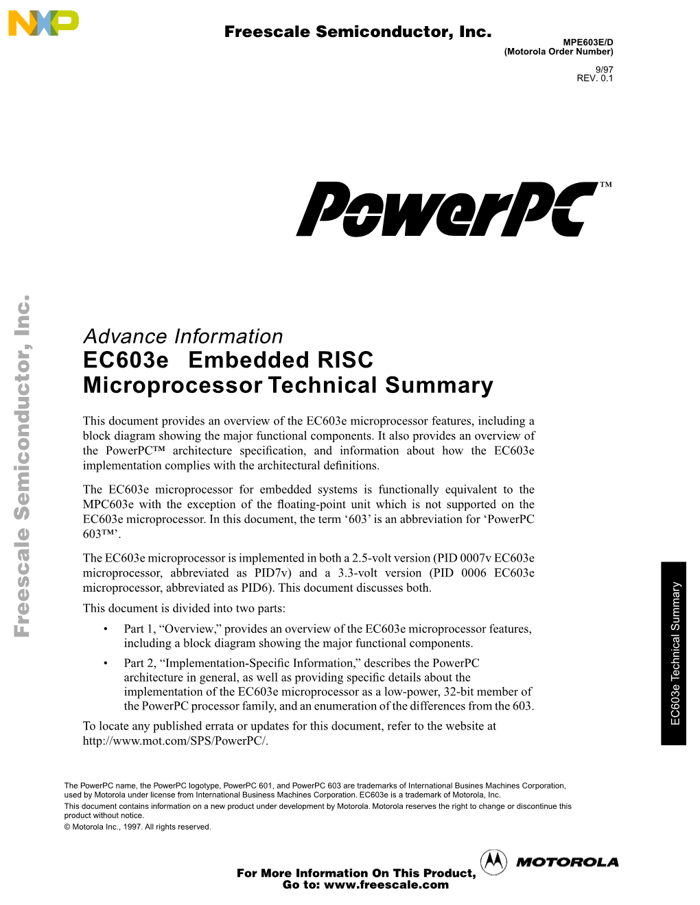 Ec603e™ Embedded RISC Microprocessor Technical Summary