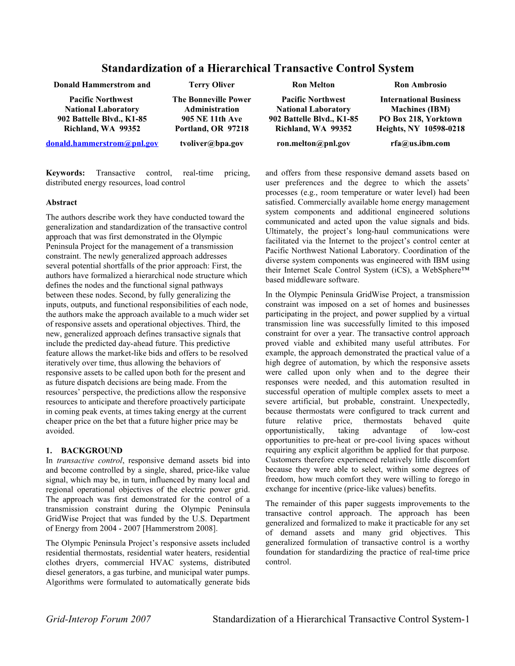 Standardization of a Hierarchical Transactive Control System