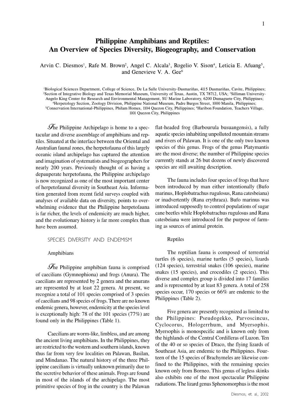 Philippine Amphibians and Reptiles: an Overview of Species Diversity, Biogeography, and Conservation