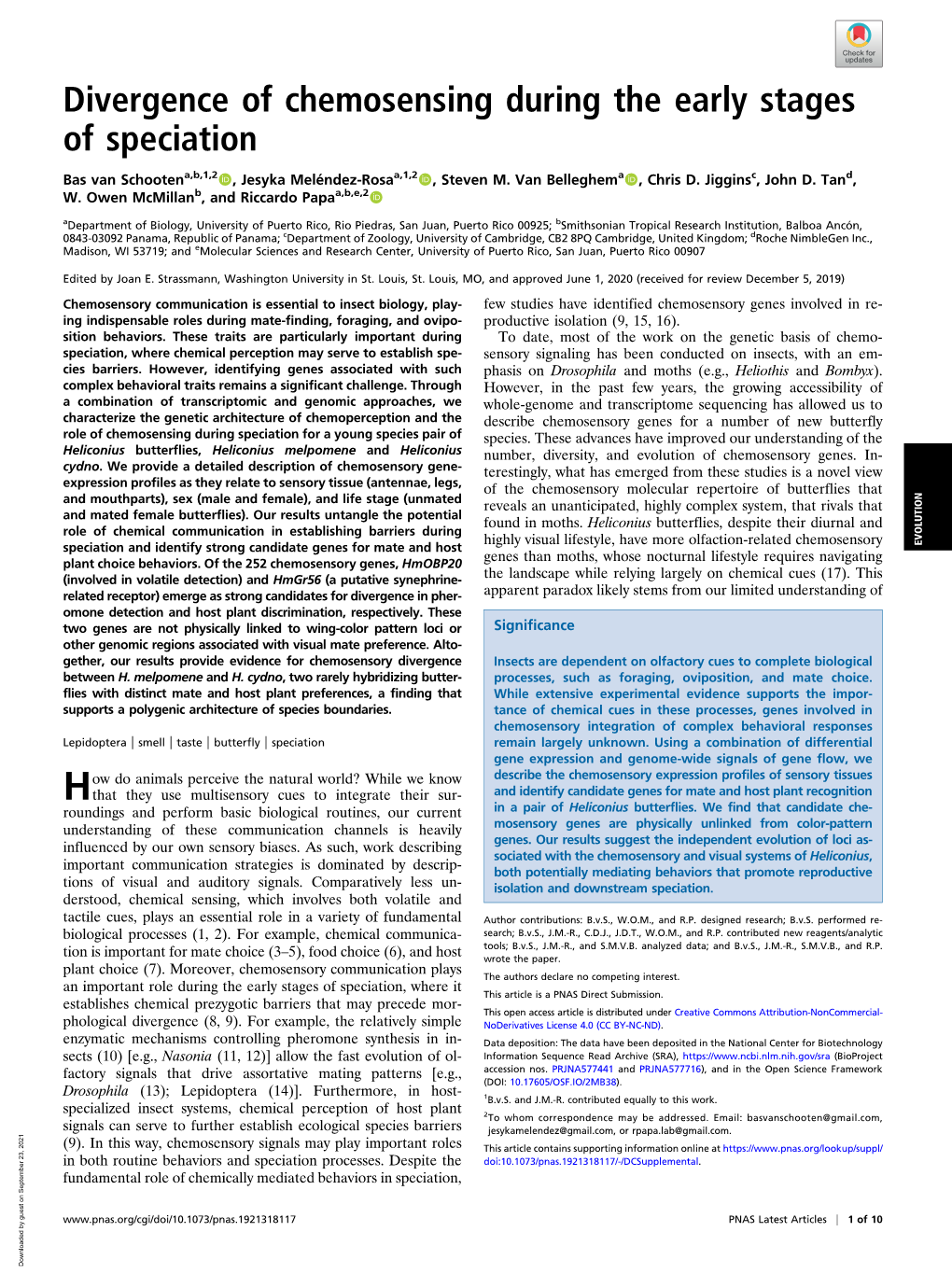 Divergence of Chemosensing During the Early Stages of Speciation