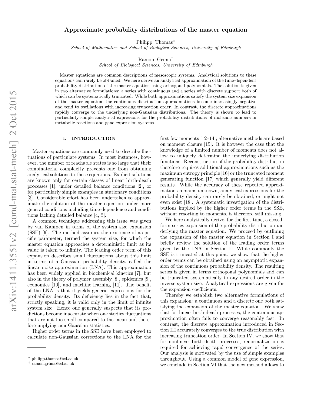 Approximate Probability Distributions of the Master Equation