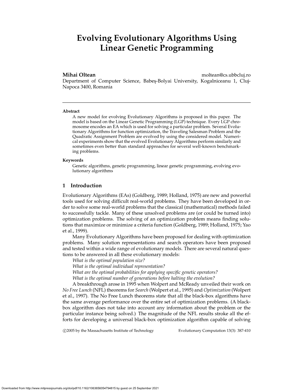 Evolving Evolutionary Algorithms Using Linear Genetic Programming