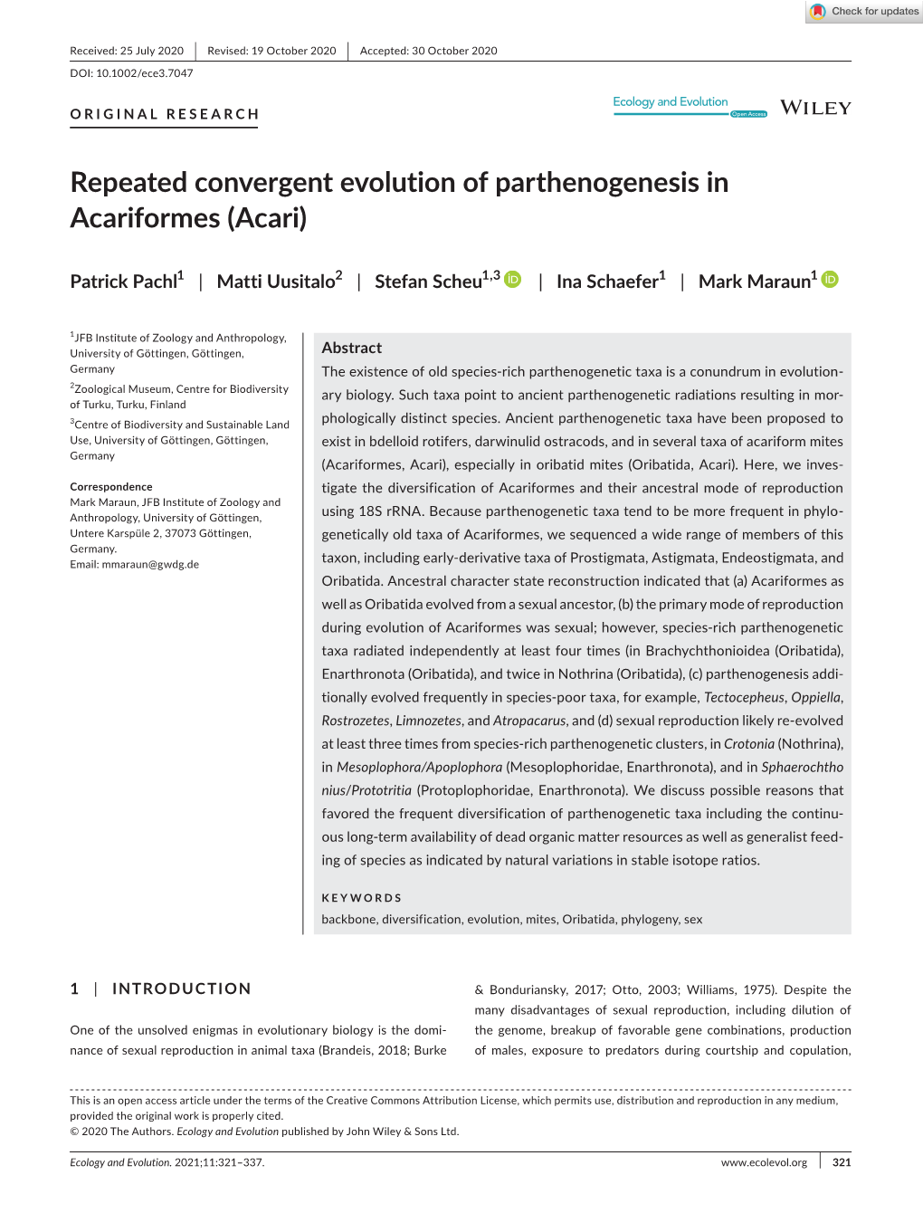 Repeated Convergent Evolution of Parthenogenesis in Acariformes (Acari)