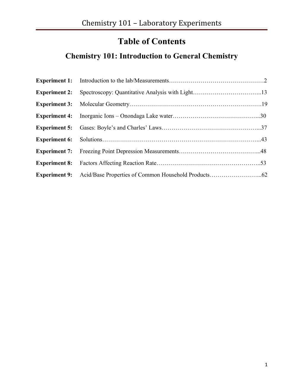 Chemistry 101 – Laboratory Experiments