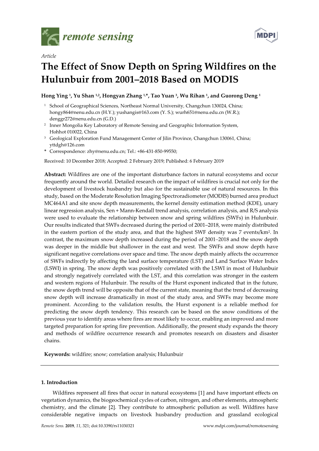 The Effect of Snow Depth on Spring Wildfires on the Hulunbuir from 2001–2018 Based on MODIS