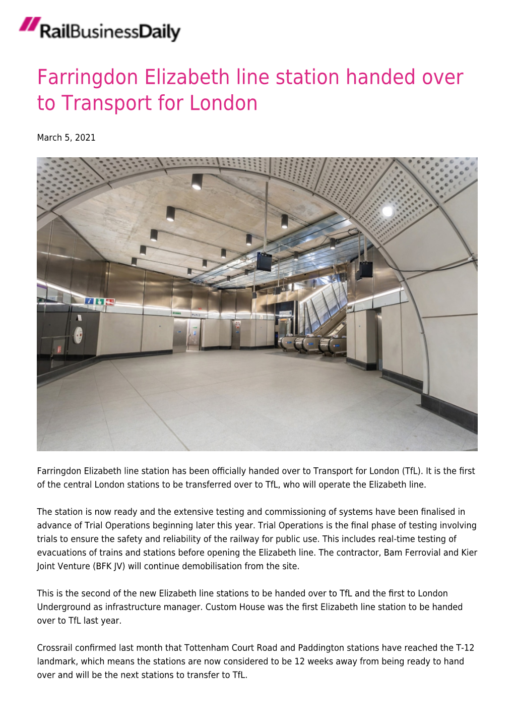 Farringdon Elizabeth Line Station Handed Over to Transport for London