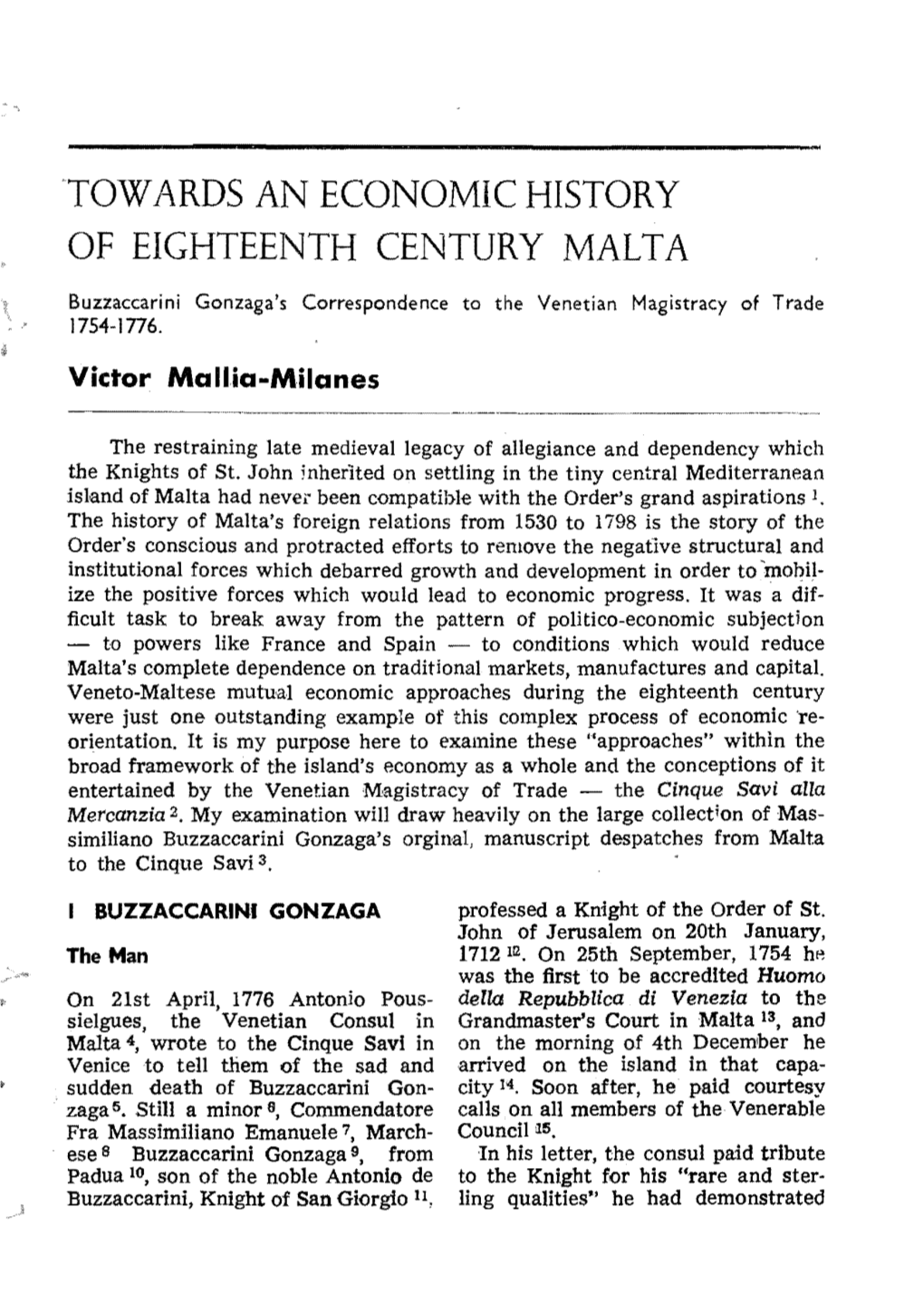 Towards an Economic History of Eighteenth Century Malta