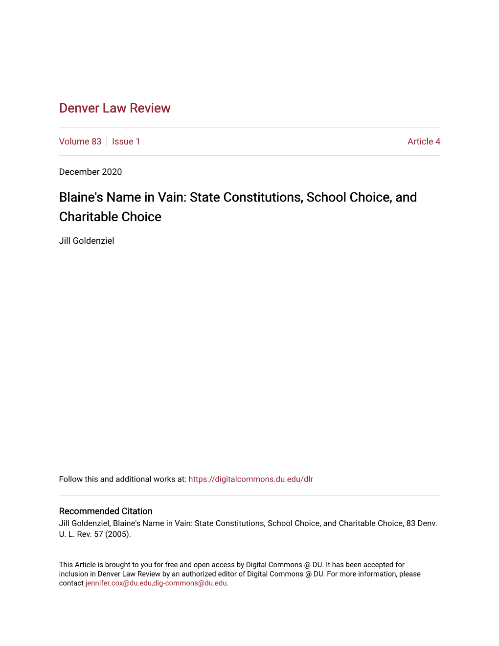 Blaine's Name in Vain: State Constitutions, School Choice, and Charitable Choice