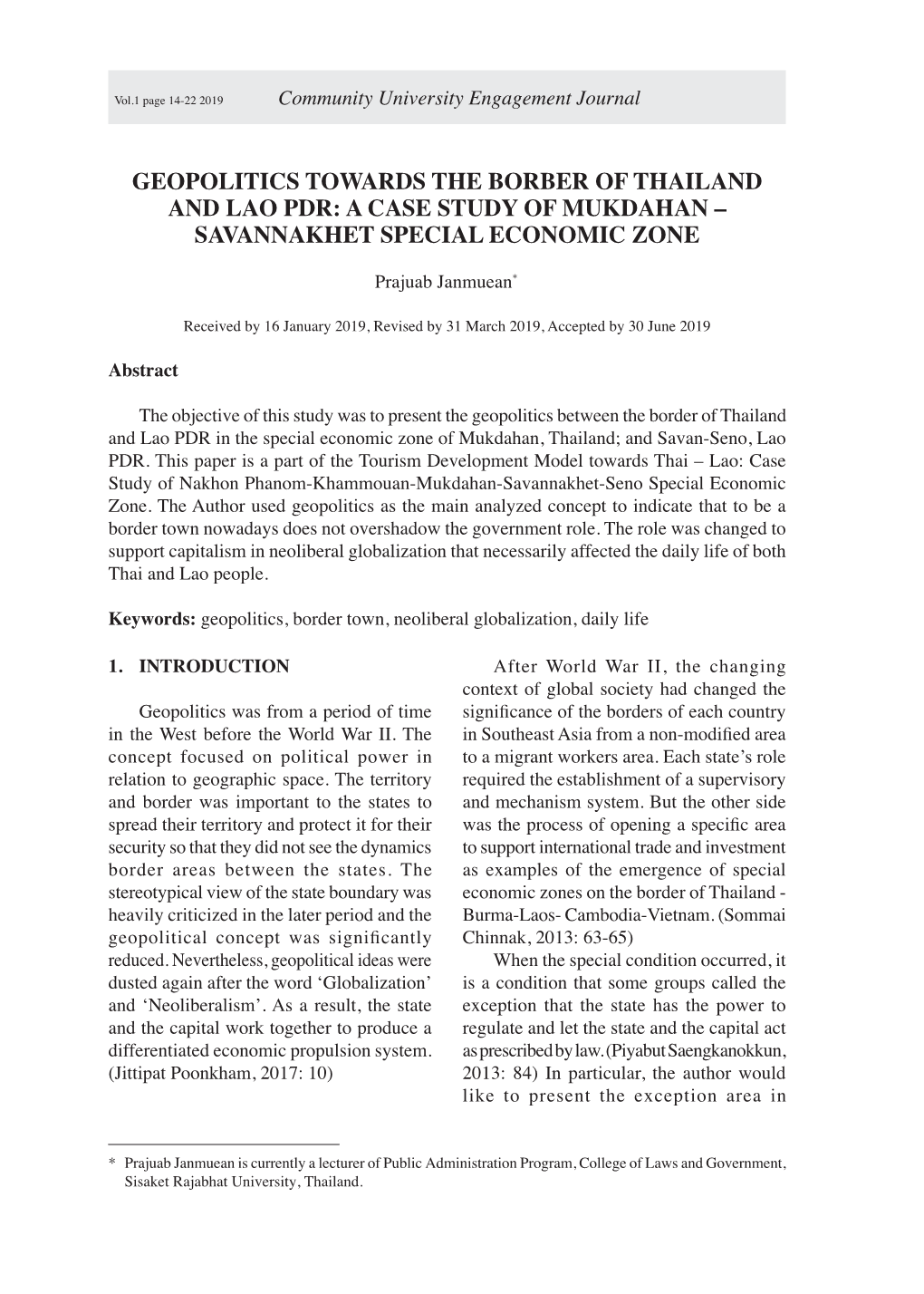 Geopolitics Towards the Borber of Thailand and Lao Pdr: a Case Study of Mukdahan – Savannakhet Special Economic Zone