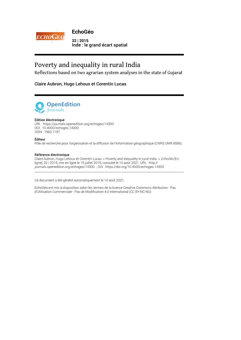 Echogéo, 32 | 2015 Poverty and Inequality in Rural India 2