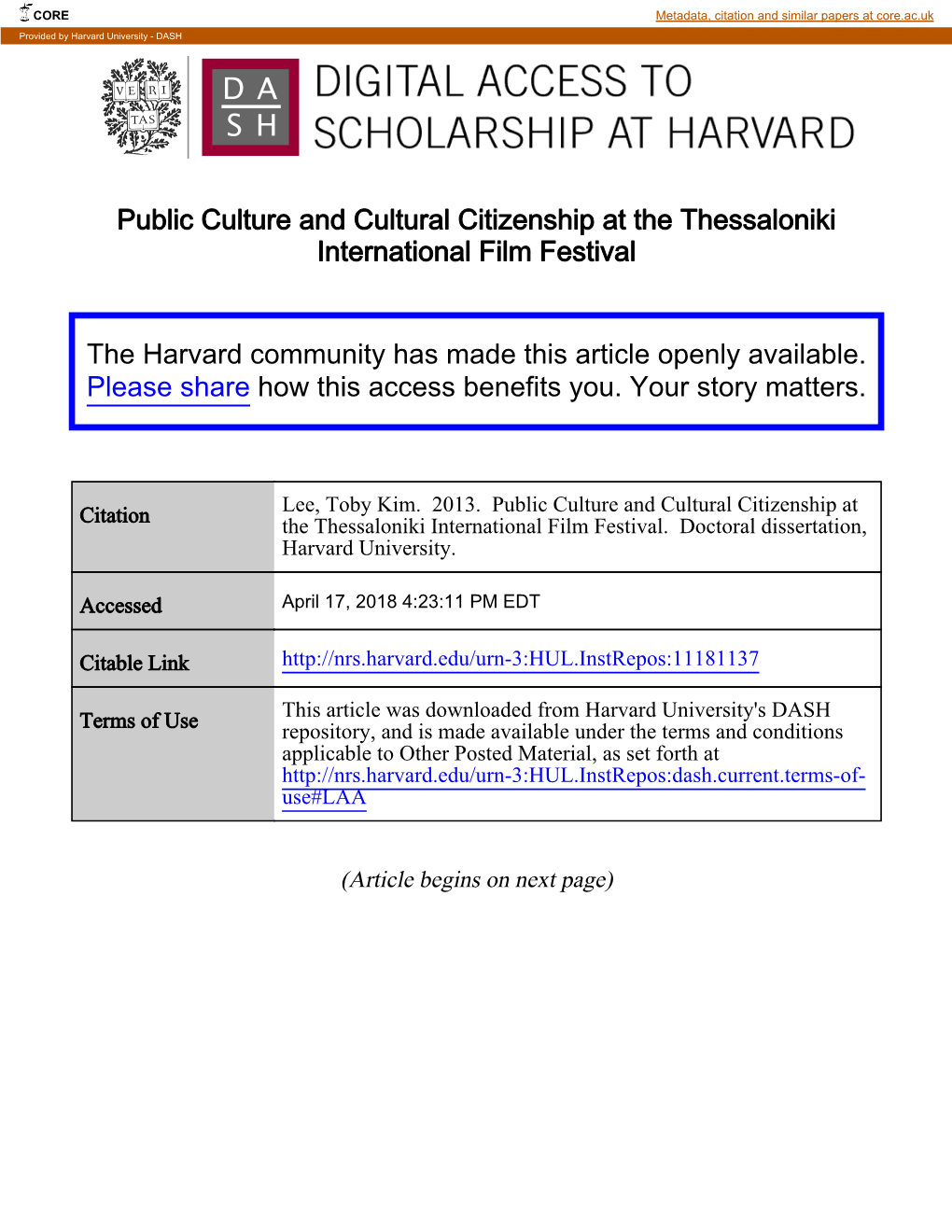 Public Culture and Cultural Citizenship at the Thessaloniki International Film Festival