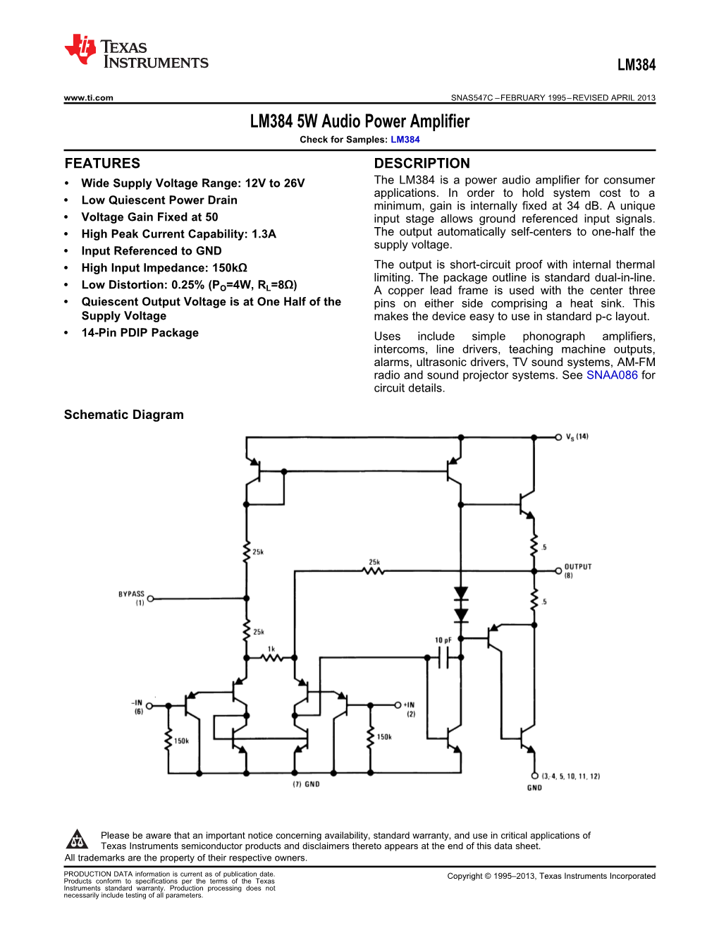 LM384 5W Audio Power Amplifier Datasheet (Rev. C)