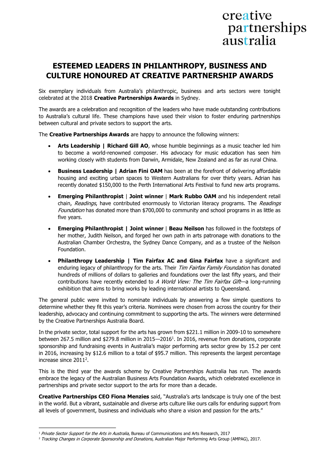 Esteemed Leaders in Philanthropy, Business and Culture Honoured at Creative Partnership Awards