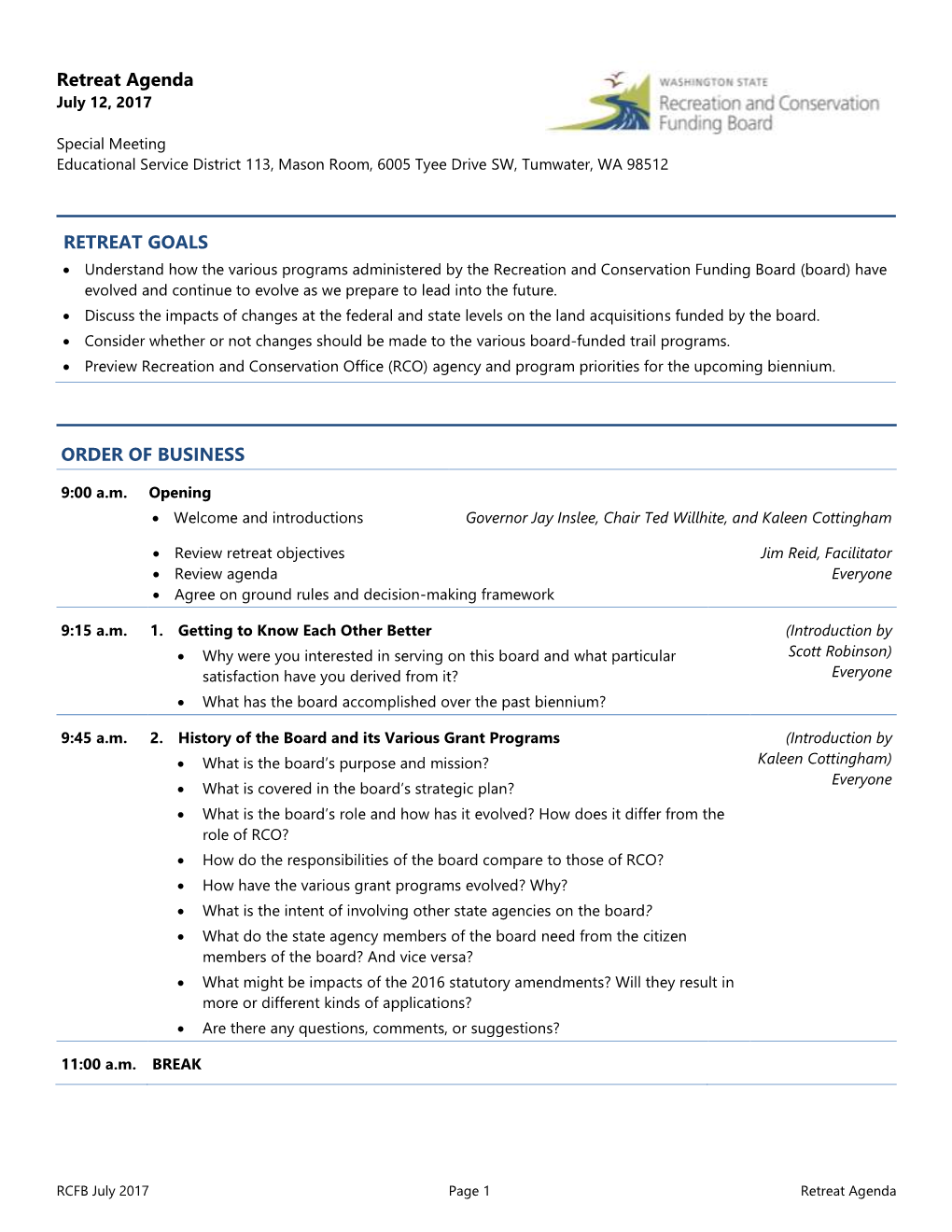 July 2017 Page 1 Retreat Agenda