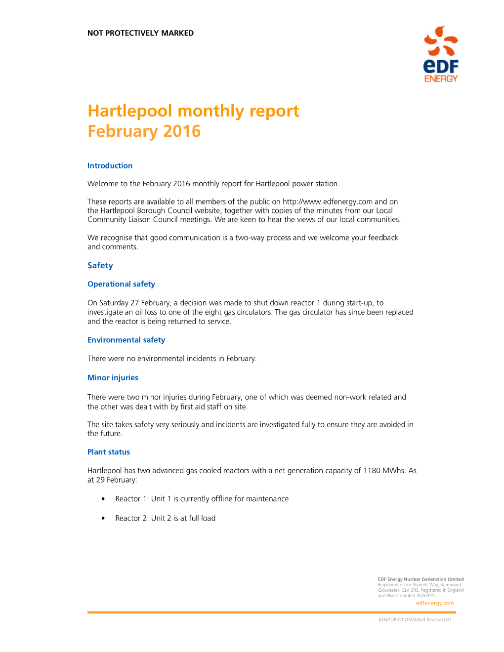 Hartlepool Monthly Report February 2016