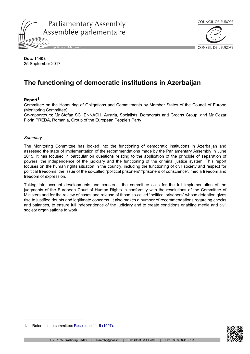 The Functioning of Democratic Institutions in Azerbaijan