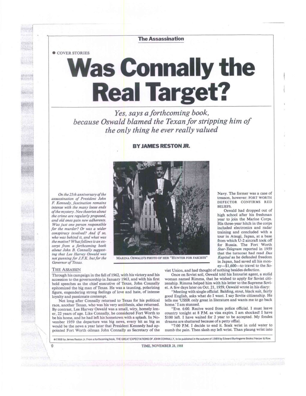 Was Connally the Real Target? Yes, Says a Forthcoming Book, Because Oswald Blamed the Texan for Stripping Him of the Only Thing He Ever Really Valued