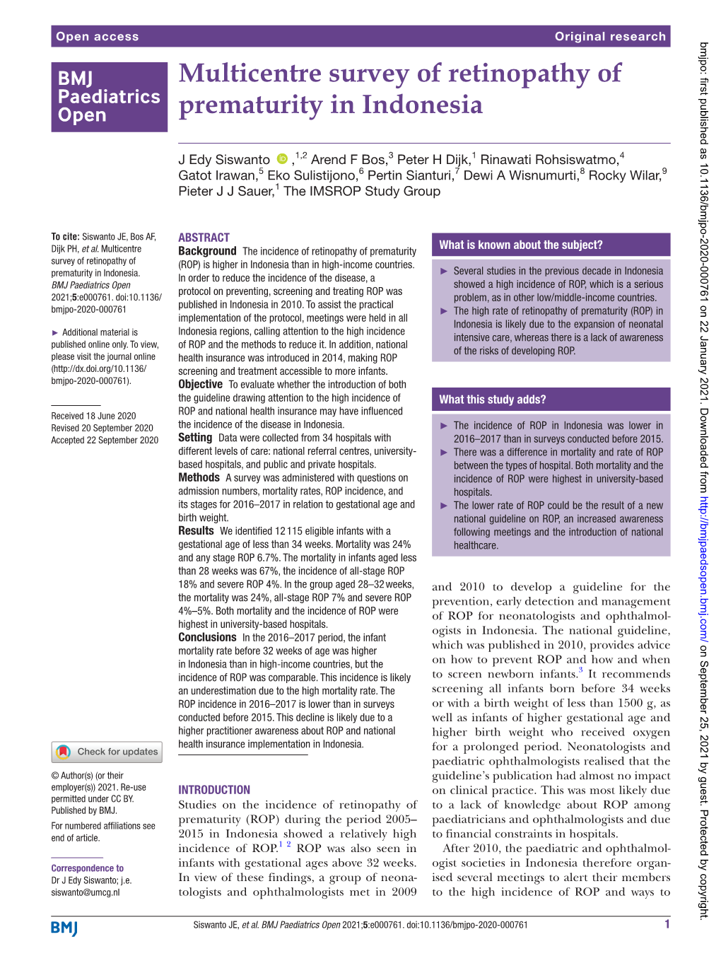 Multicentre Survey of Retinopathy of Prematurity in Indonesia