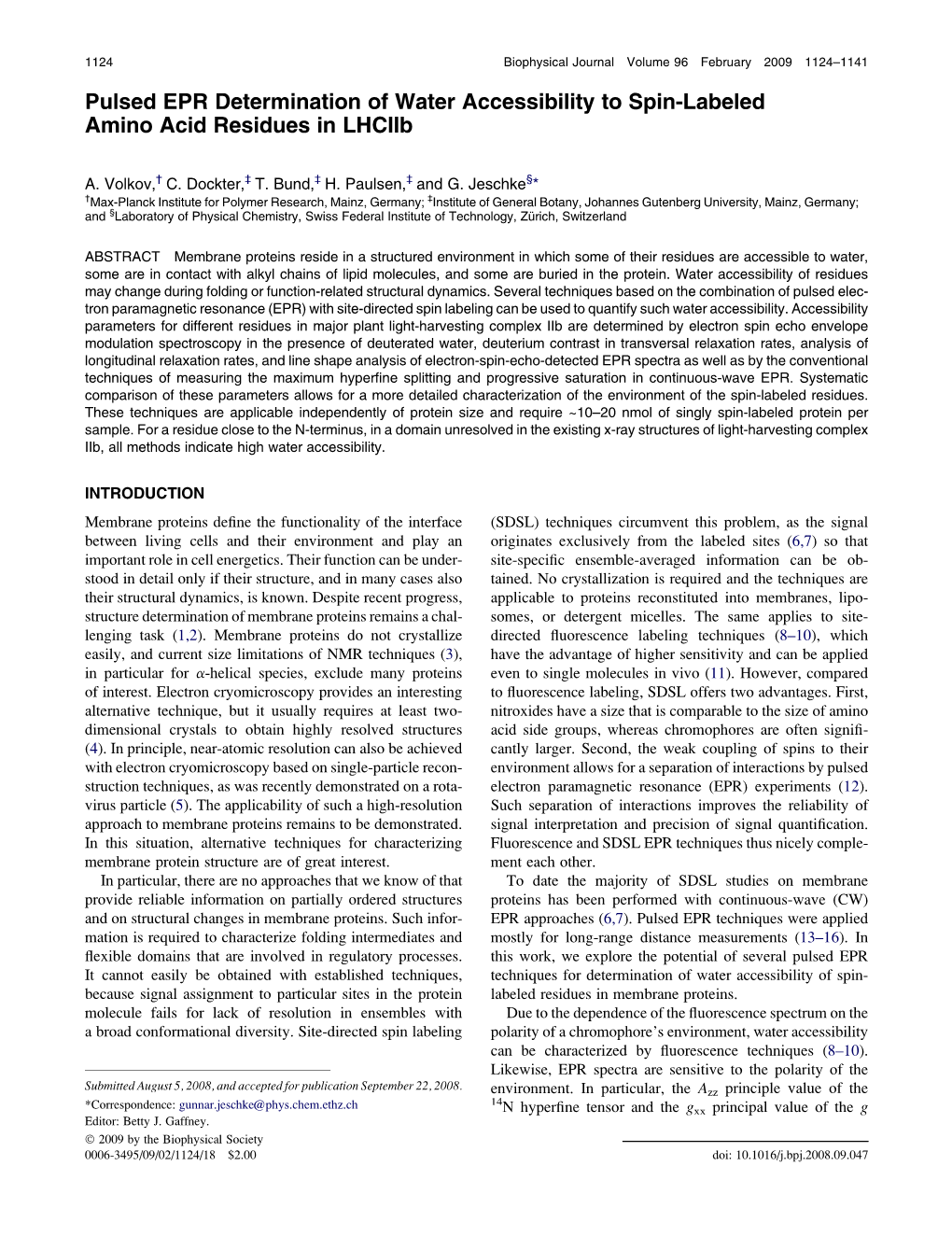 Pulsed EPR Determination of Water Accessibility to Spin-Labeled Amino Acid Residues in Lhciib