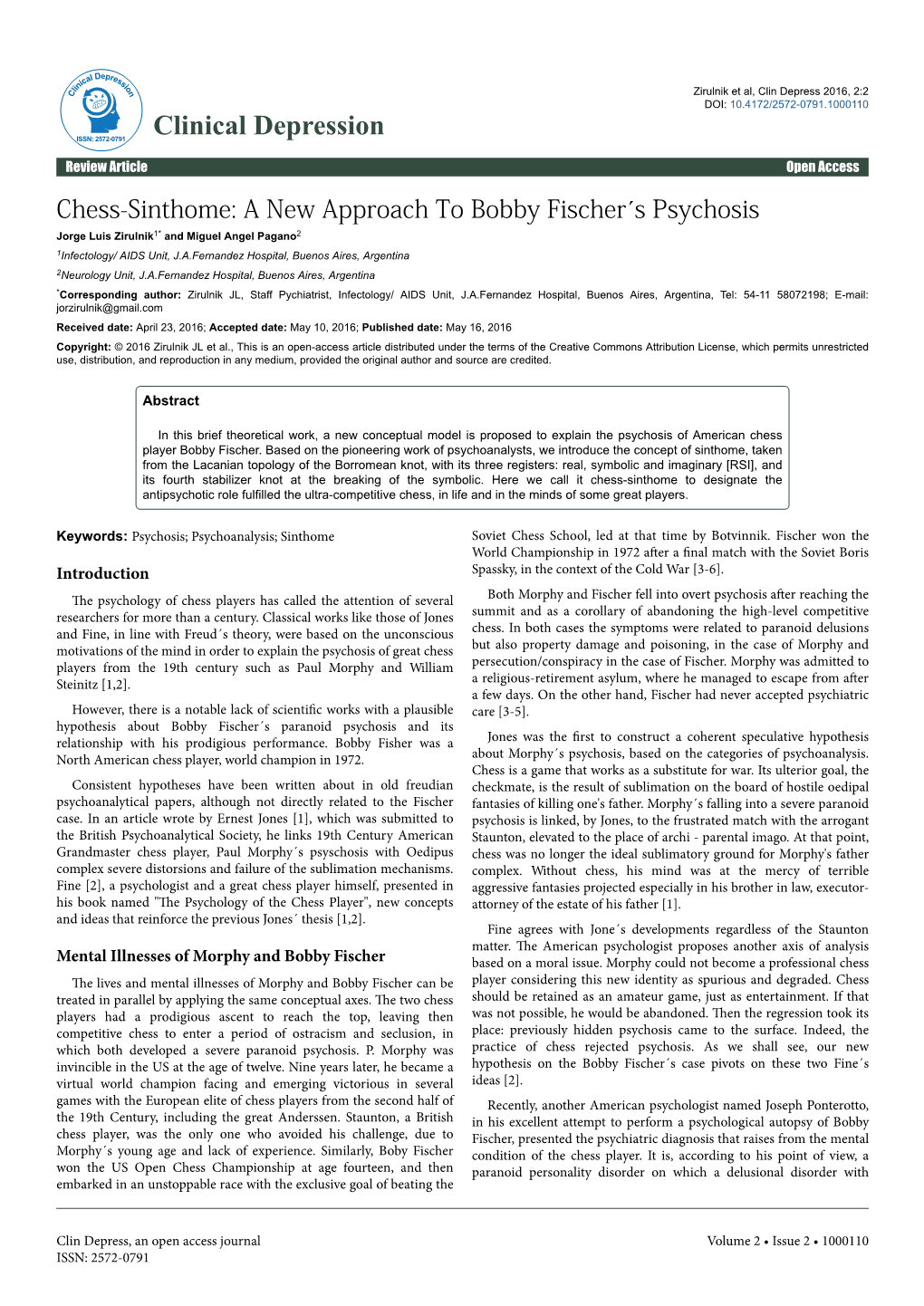 Chess-Sinthome: a New Approach to Bobby Fischer´S Psychosis