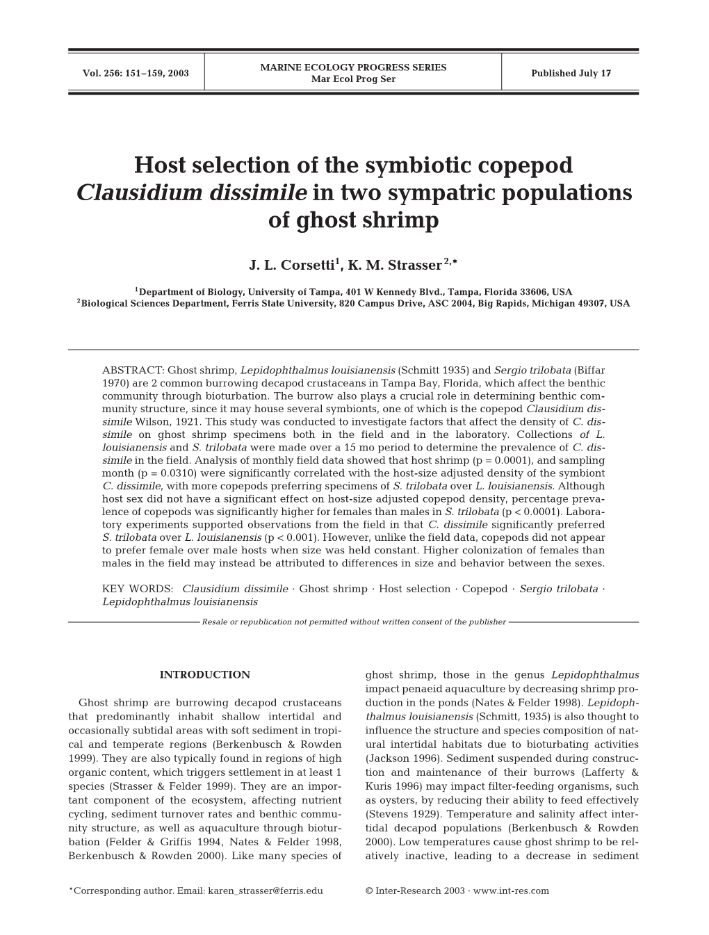 Host Selection of the Symbiotic Copepod Clausidium Dissimile in Two Sympatric Populations of Ghost Shrimp