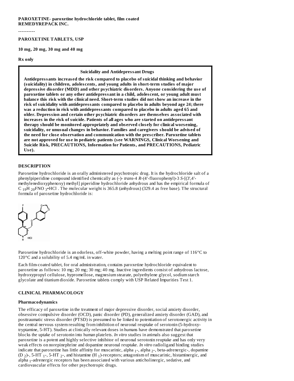 PAROXETINE TABLETS, USP 10 Mg, 20 Mg, 30 Mg and 40 Mg Rx Only