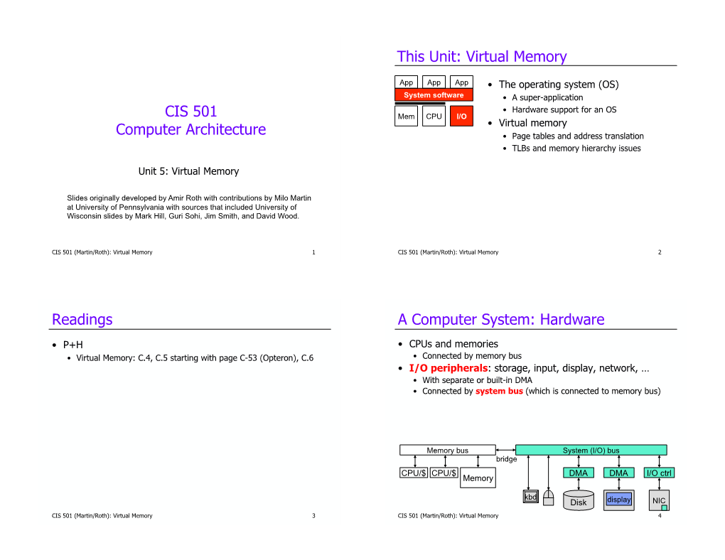 Virtual Memory Readings a Computer System: Hardware