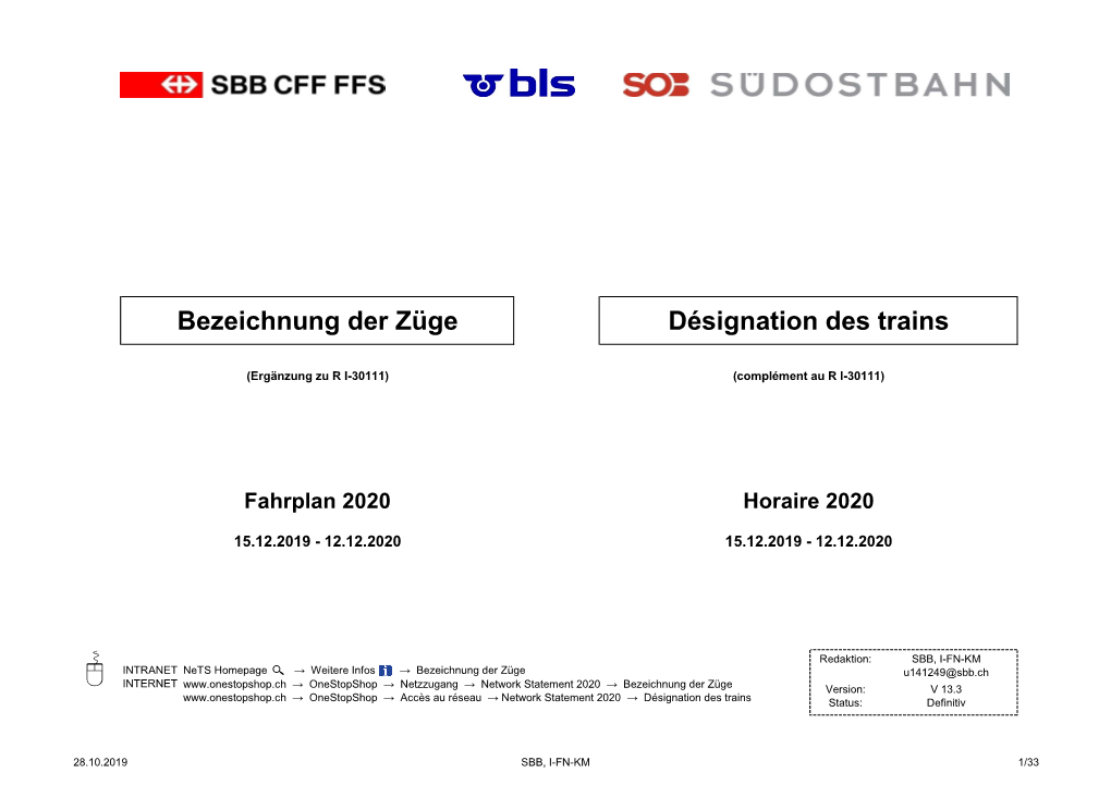 Bezeichnung Der Züge Désignation Des Trains