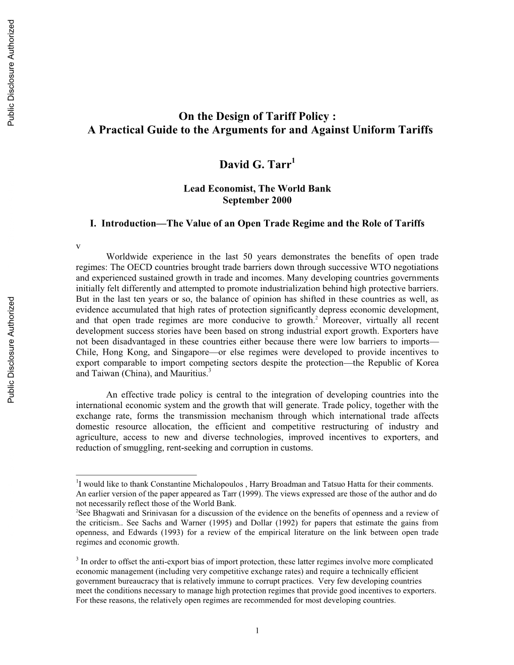 A Practical Guide to the Arguments for and Against Uniform Tariffs David G