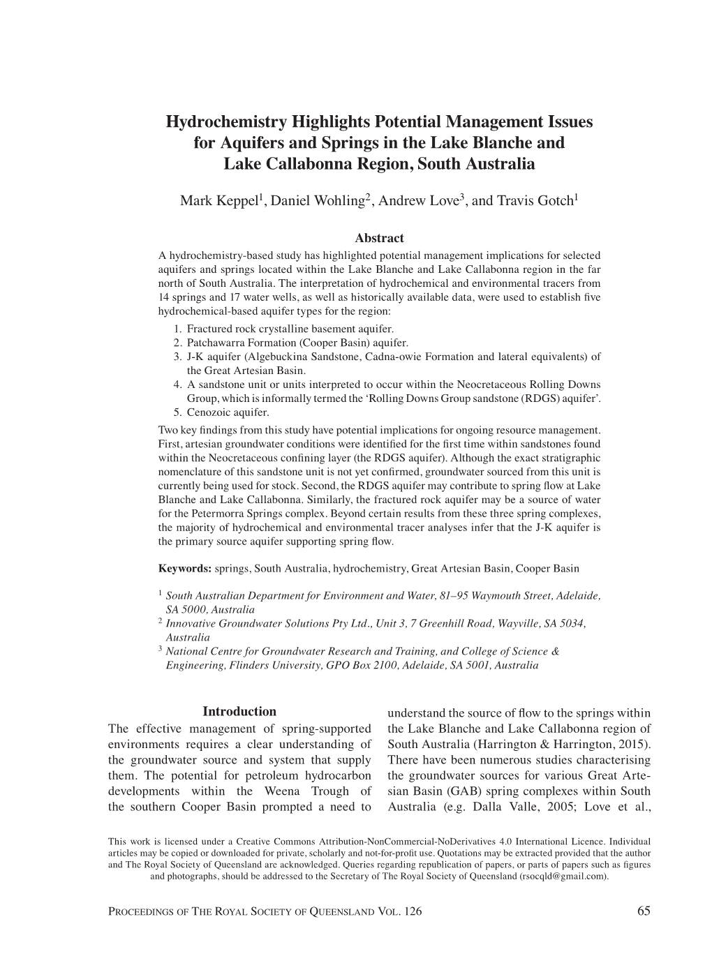 Hydrochemistry Highlights Potential Management Issues for Aquifers and Springs in the Lake Blanche and Lake Callabonna Region, South Australia