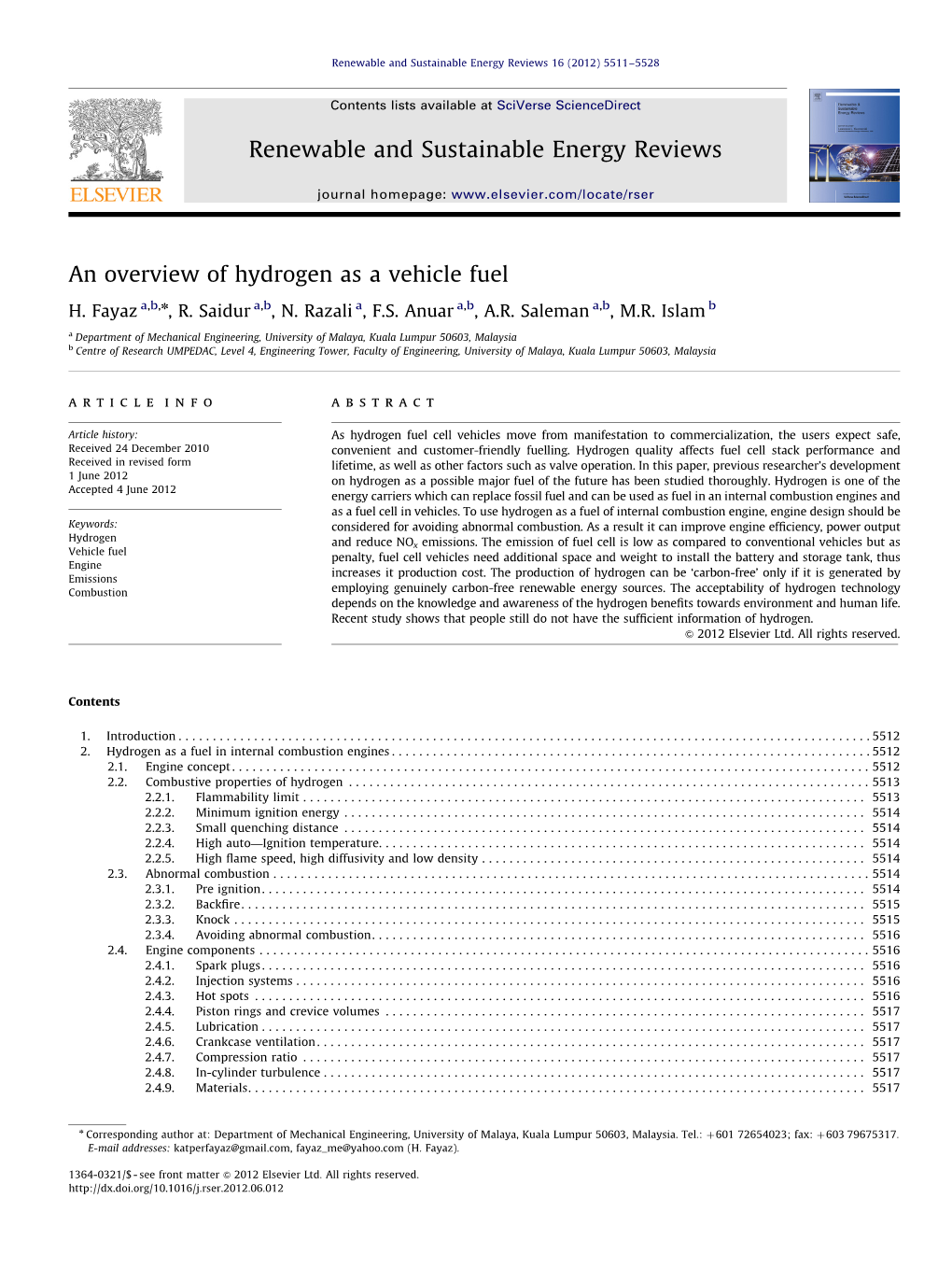 An Overview of Hydrogen As a Vehicle Fuel