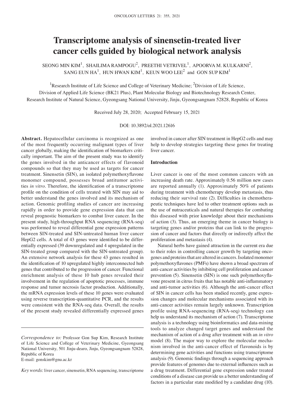 Transcriptome Analysis of Sinensetin-Treated Liver Cancer Cells Guided by Biological Network Analysis